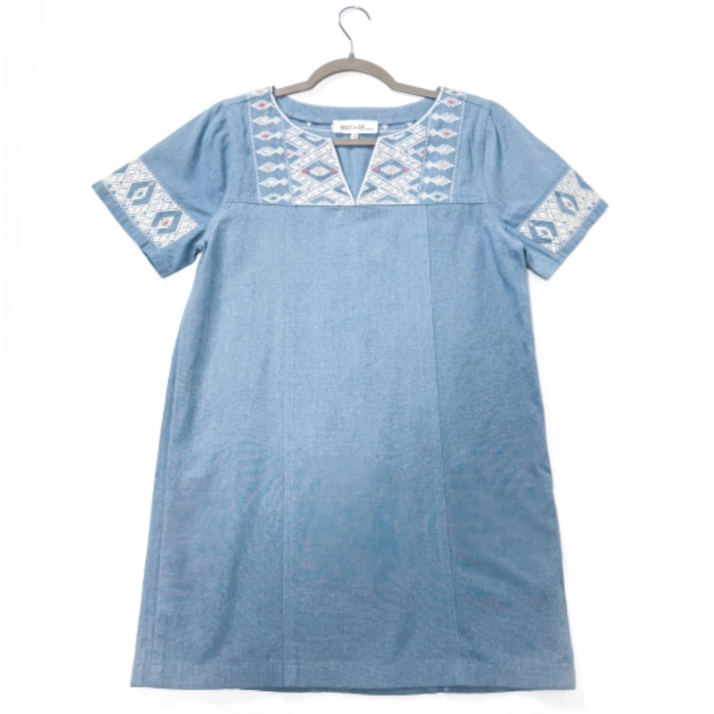 EUC Brass & Roe Chambray Embroidered Aztec Mini Dress β Size S β Retail $60 π΅β¨ - Picture 5 of 11
